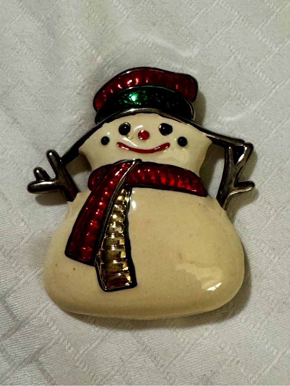 Vintage Best Red & Cream Snowman  Pendant/Brooch Silvertone